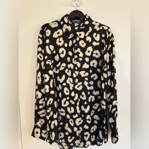 Zara Satin Leopard Animal Print Black & Cream Oversized Women’s Blouse SZ XS